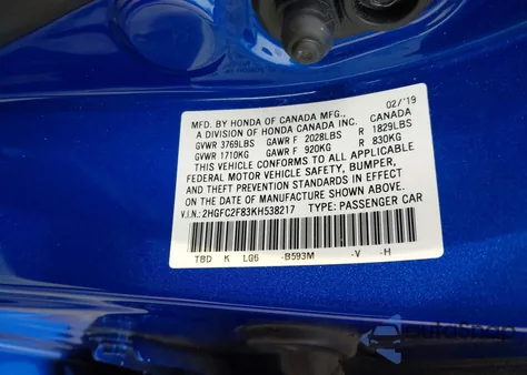 2019 Honda Civic Sport z USA, uszkodzony, nr VIN 2HGFC2F83KH538217